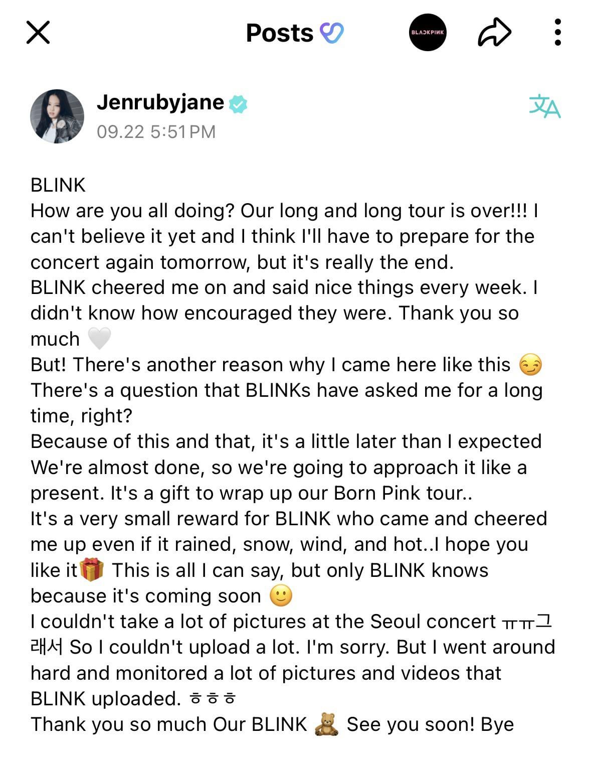 230922 Jennie Weverse BLINK Membership Update