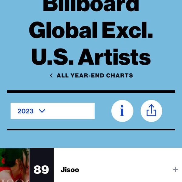 231121 JISOO debuts at #89 on Billboard Global Excl. US Artists year-end chart, the first Korean female soloist to ever enter the chart!
