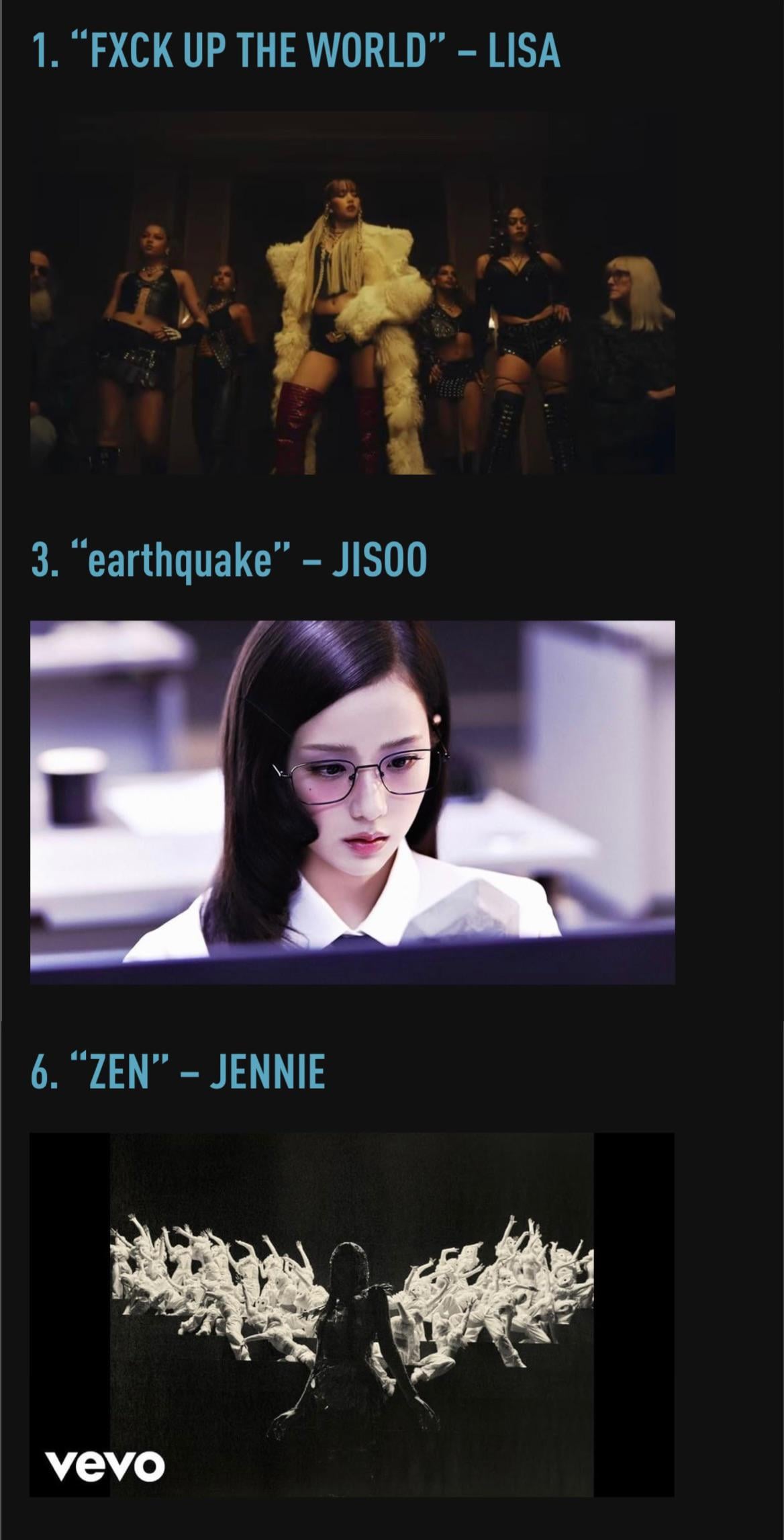 250728 LISA - ‘FXCK UP THE WORLD’, JISOO - ‘earthquake’ & JENNIE - ‘ZEN’ ranked #1, #3 & #6 on Genius Korea’s Best K-Pop Music Videos of 2025 So Far