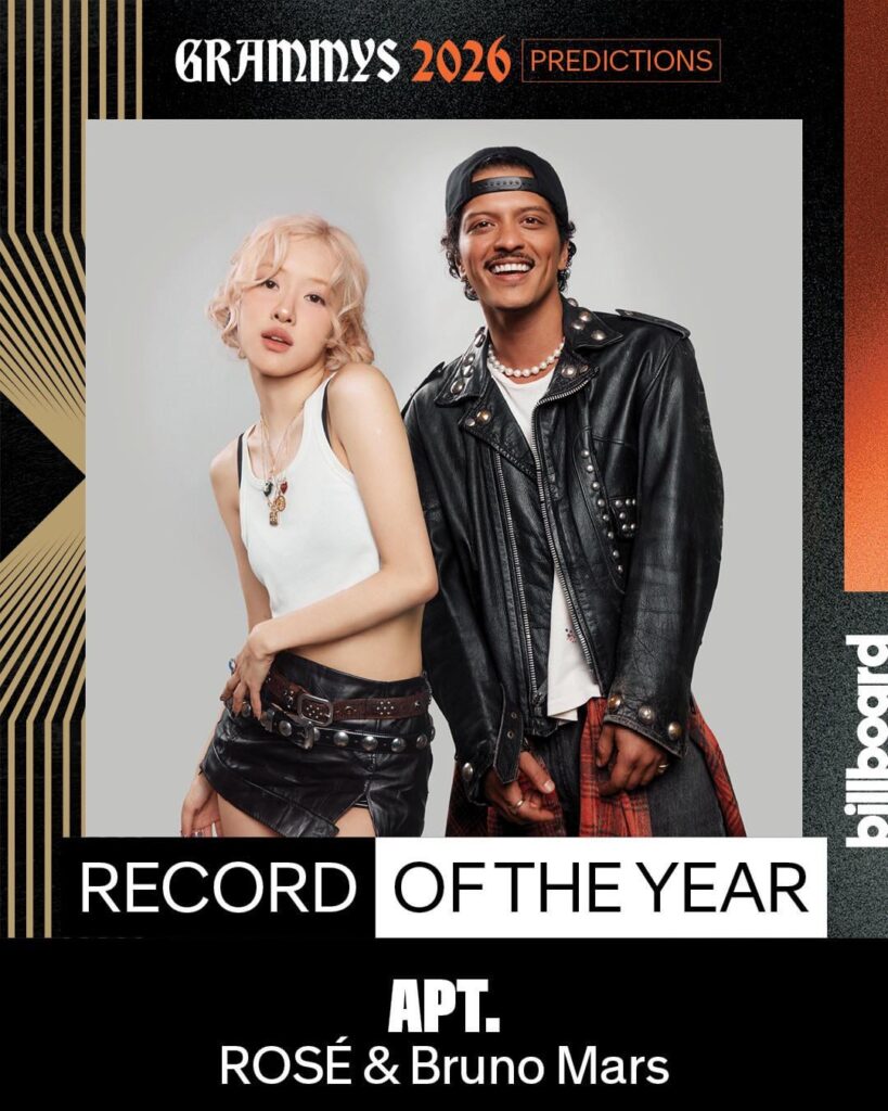Billboard named ROSÉ & Bruno Mars’ “APT.” as one of the top contenders for the 2026 Grammys’ “Record of the Year” award!