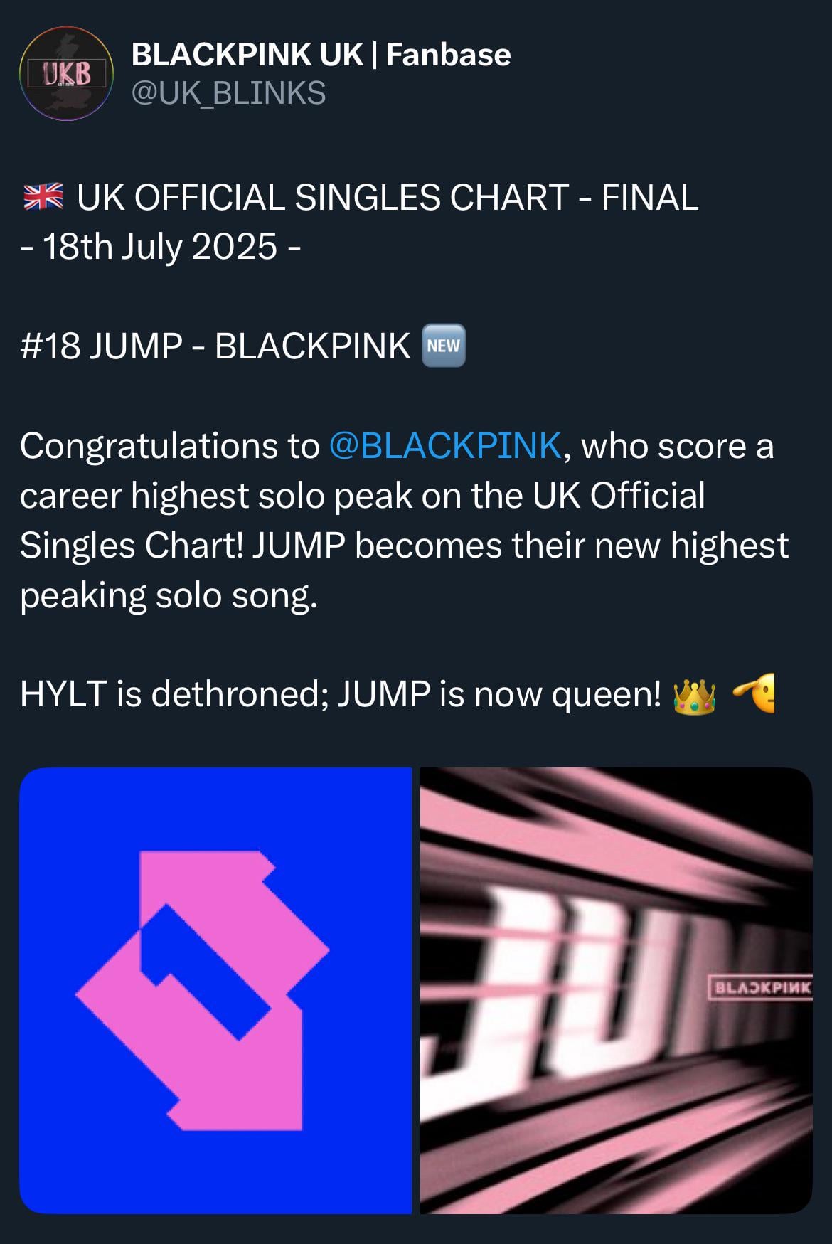 250718 BLACKPINK - ‘뛰어(JUMP)’ debuts at #18 on The UK Official Singles Chart!