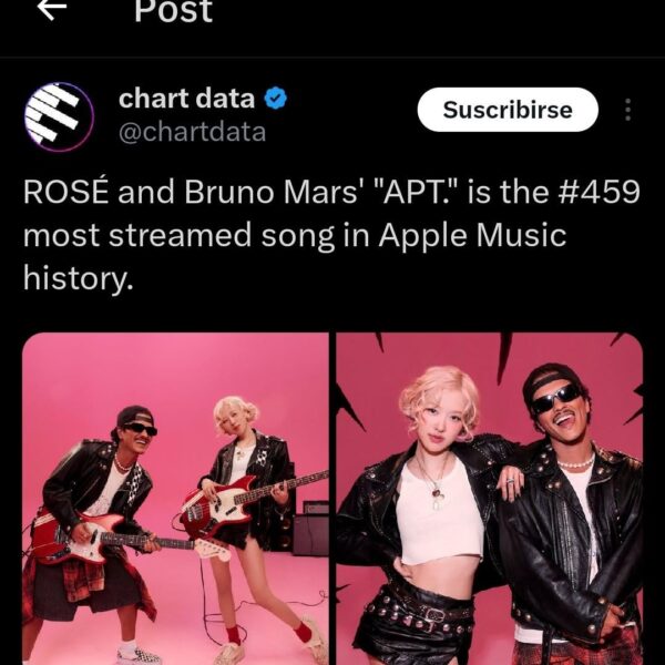 "APT" by Rosé and Bruno Mars now ranks among the 500 most streamed songs on Apple Music at #459