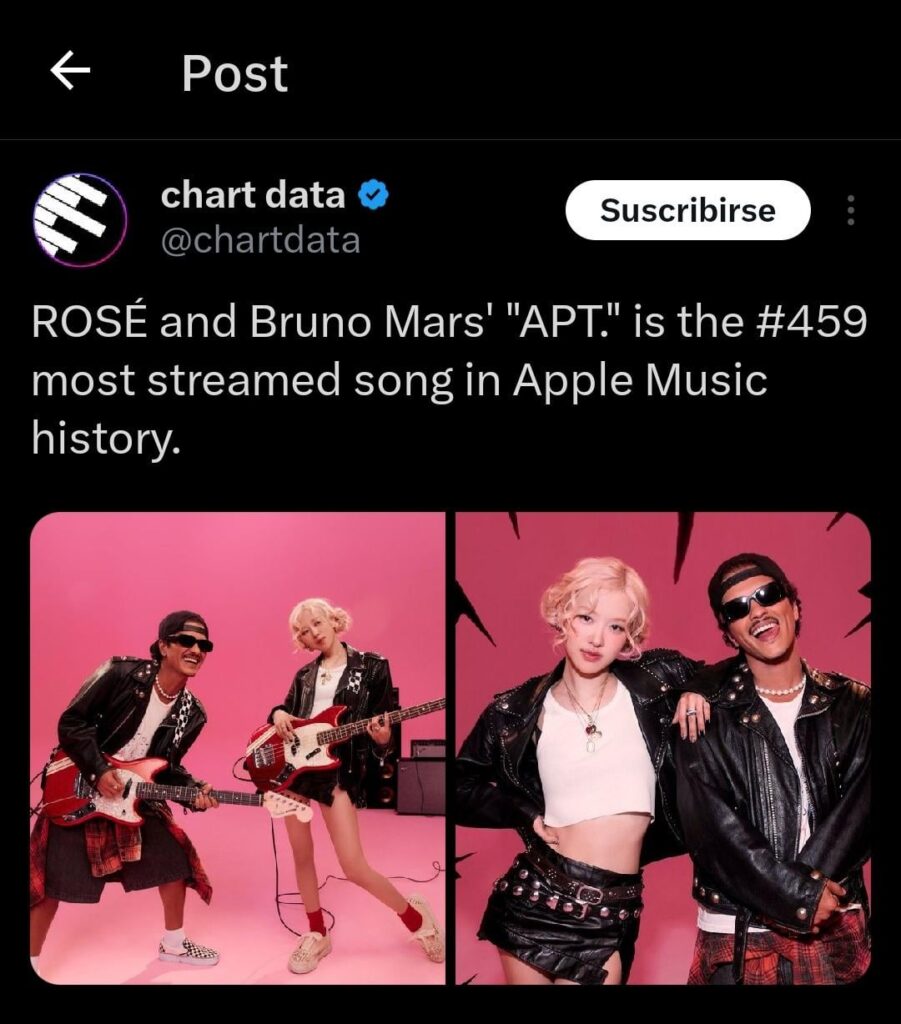 "APT" by Rosé and Bruno Mars now ranks among the 500 most streamed songs on Apple Music at #459