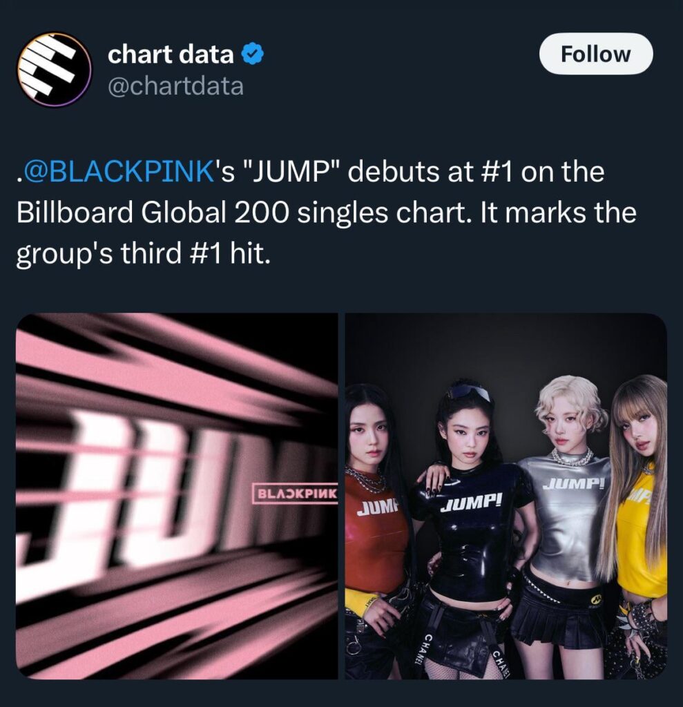 250721 BLACKPINK - ‘뛰어(JUMP)’ debuts at #1 on the Billboard Global 200 Singles Chart!
