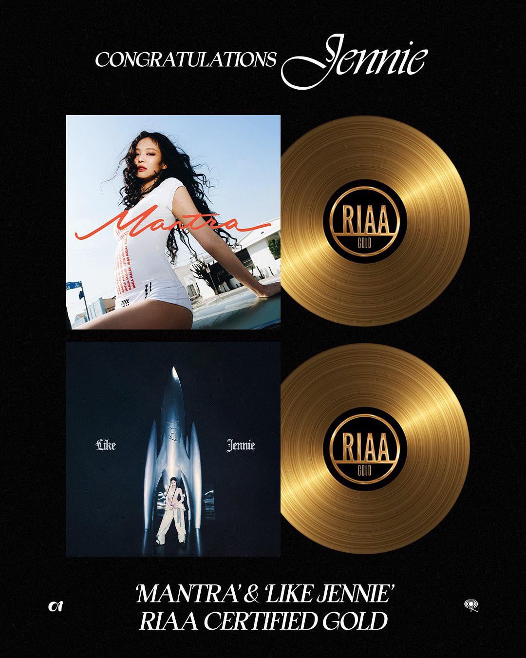 250827 JENNIE - ‘Mantra’ & ‘like JENNIE’ are RIAA Certified Gold!