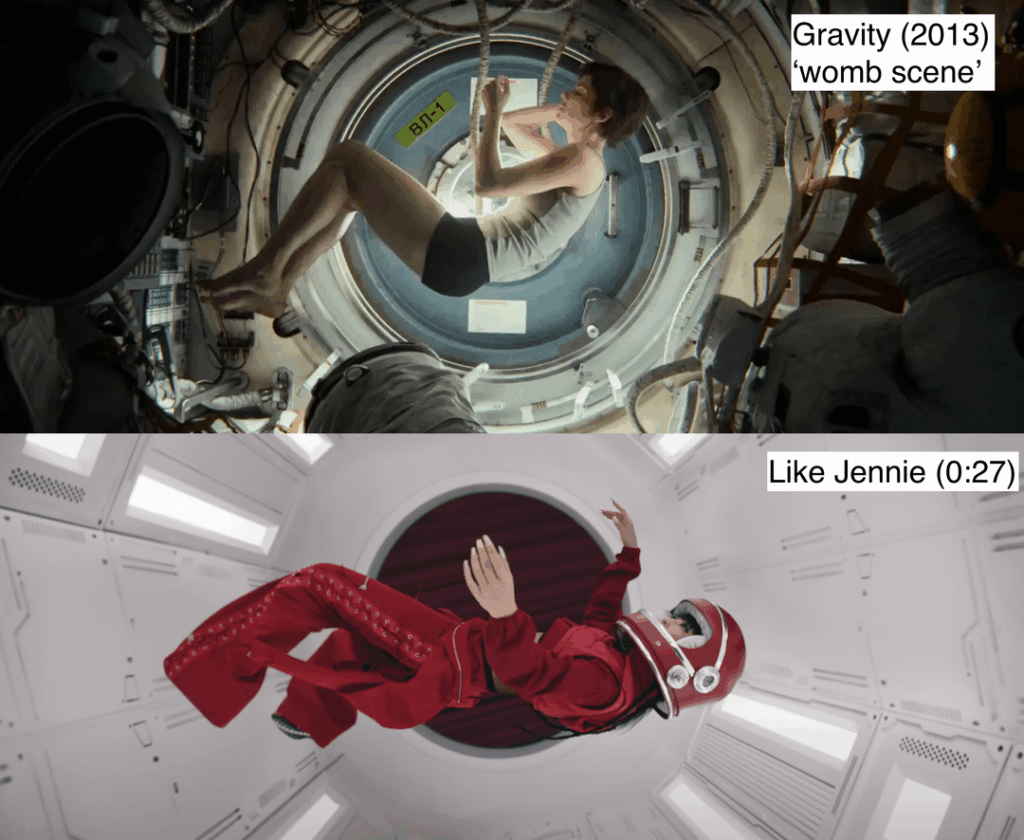 250307 Like Jennie MV references: SpaceX rocket, Gravity movie + Symbolism: Lonely/connected. She literally "ate" 🎧. Coffin nails: death/rebirth. Curtains: going on stage + continuity with ExtraL