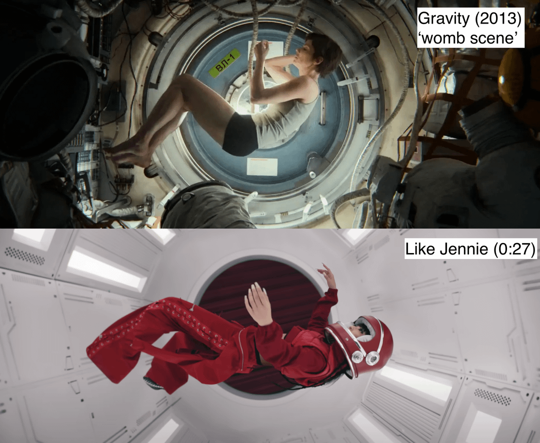 250307 Like Jennie MV references: SpaceX rocket, Gravity movie + Symbolism: Lonely/connected. She literally "ate" 🎧. Coffin nails: death/rebirth. Curtains: going on stage + continuity with ExtraL