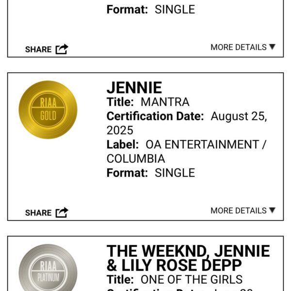 250827 JENNIE becomes THE FIRST K-POP SOLOIST to have multiple songs earn a RIAA certification!
