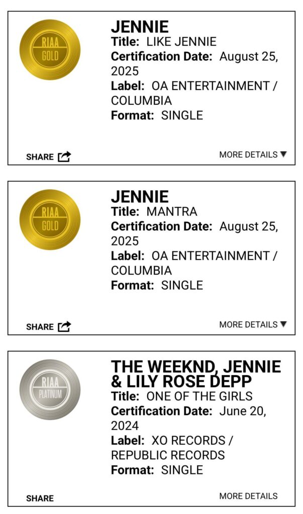 250827 JENNIE becomes THE FIRST K-POP SOLOIST to have multiple songs earn a RIAA certification!