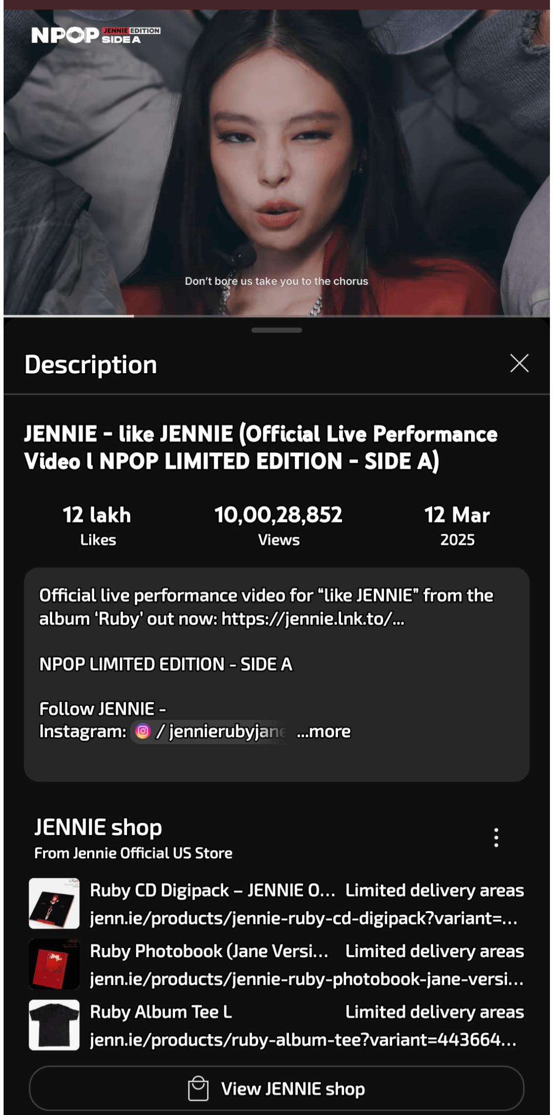 250831 jennie-like Jennie(official live performance video) reaches 100million views