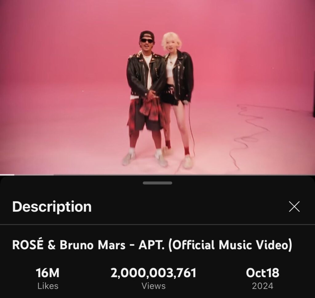 250917 APT. by Rosé & Bruno Mars reaches 2 billion views on YouTube