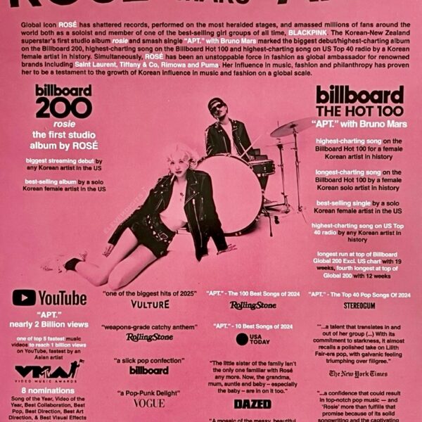 ROSÉ - ‘rosie’ &amp; ‘APT.’ Grammys FYC achievements sheet