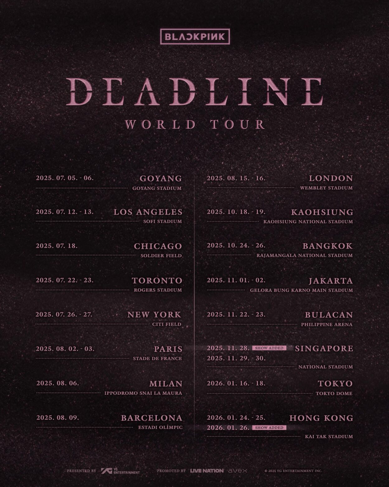 250919 BLACKPINK WORLD TOUR <DEADLINE> SHOWS ADDED