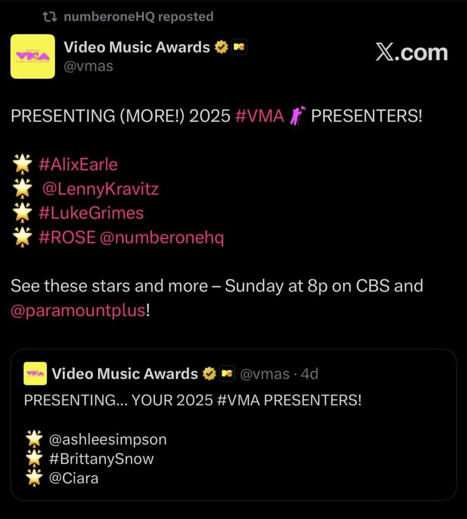 ROSÉ will be presenting at the 2025 MTV VMAs