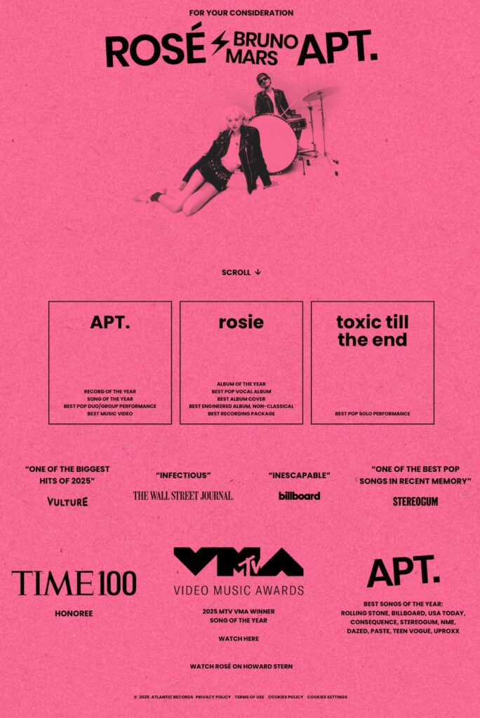 250930 ROSÉ - For Your Consideration Website for 2026 GRAMMYs