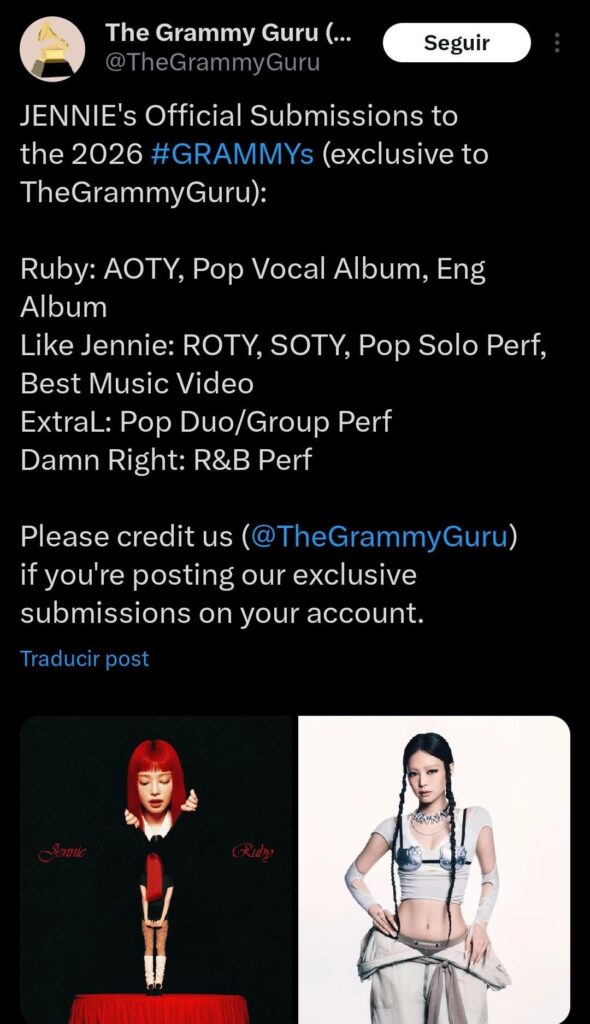 251004 Jennie's Grammys 2026 submissions!