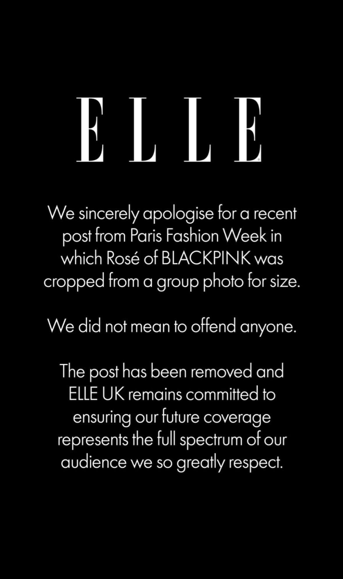 “ELLE UK has issued an official apology after sparking backlash for cropping BLACKPINK’s Rosé