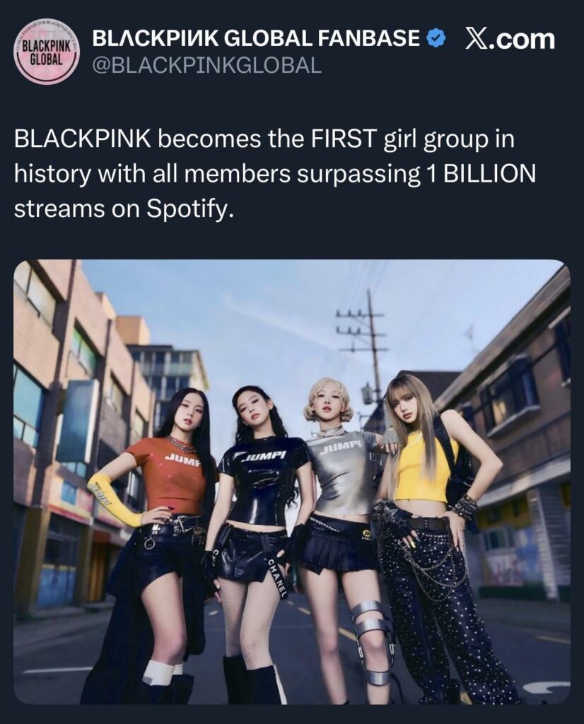 251012 BLACKPINK becomes the FIRST girl group in history with all members surpassing 1 BILLION streams on Spotify!