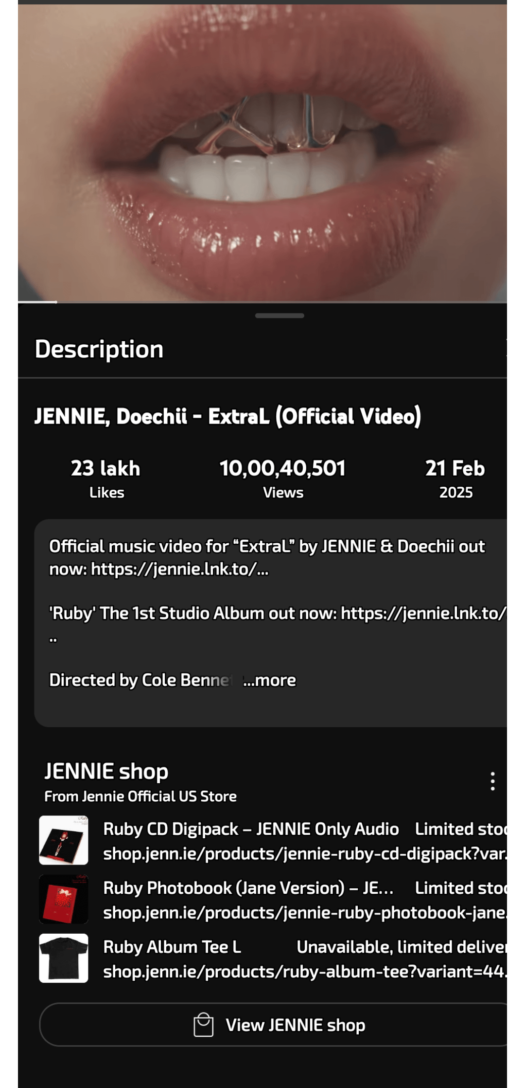 251103 Jennie, Doechii - Extra L mv hits 100 million views on youtube