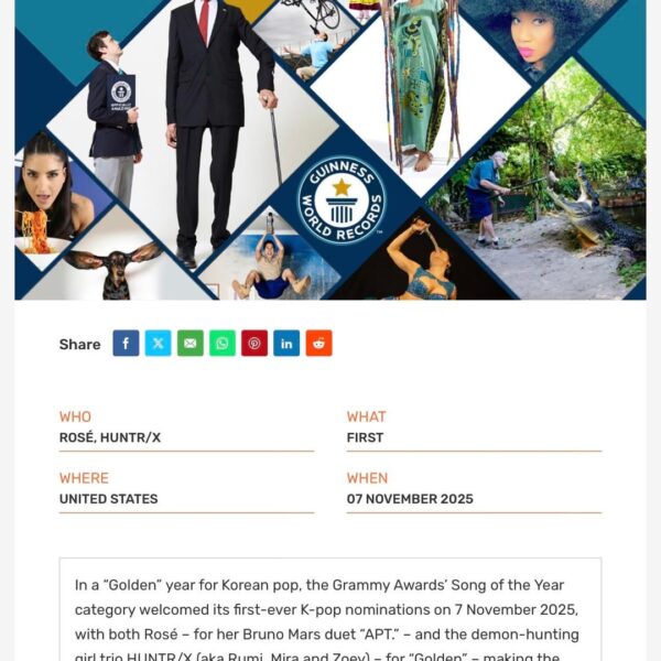 ROSÉ has earned two new Guinness World Records for becoming the first K-pop act nominated for Record of the Year and Song of the Year at the Grammys!