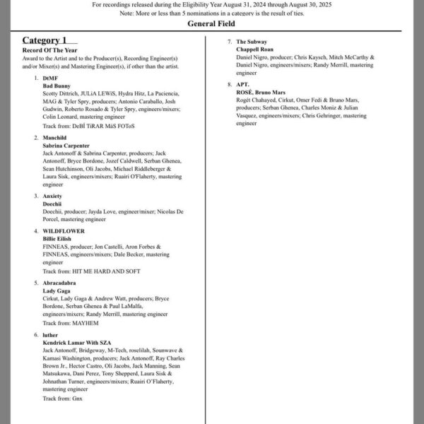 251107 ROSÉ & Bruno Mars - ‘APT.’ has been nominated in 3 CATEGORIES at the 2026 GRAMMYs!
