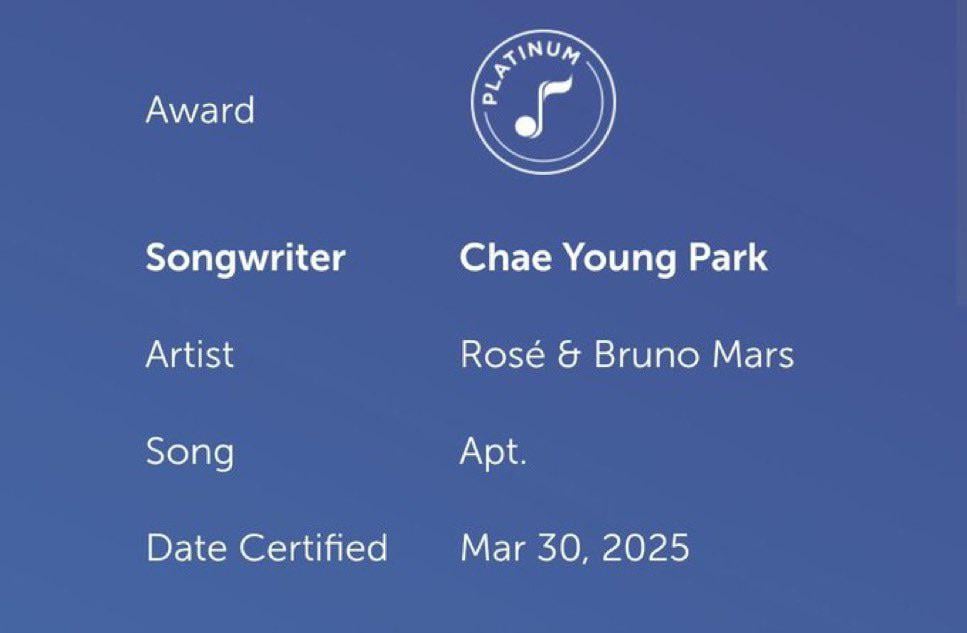 ROSÉ (Chae Young Park) has received official recognition from the National Music Publishers Association (NMPA) as a Platinum Songwriter for her three-time Grammy-nominated track APT.