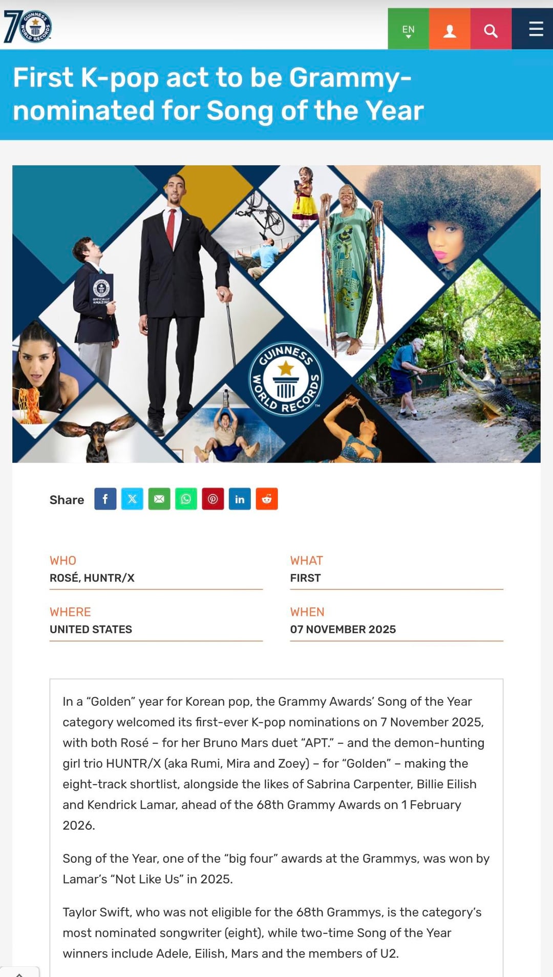 ROSÉ has earned two new Guinness World Records, becoming the first K-pop act nominated for Record of the Year and Song of the Year at the Grammys. This brings her total to 8, making her the Korean soloist with the most Guinness World Records in history!