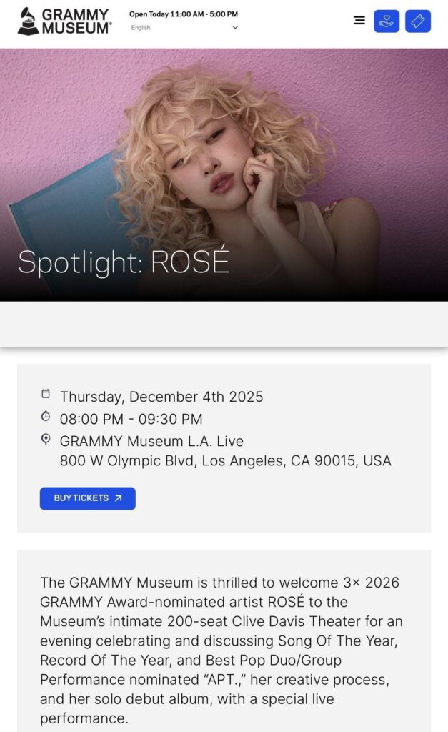 3x 2026 GRAMMY-Nominated ROSÉ to Celebrate APT. and Solo Debut Album ‘Rosie’ with an Intimate Live Performance at the Grammy Museum on 4th Dec 2025
