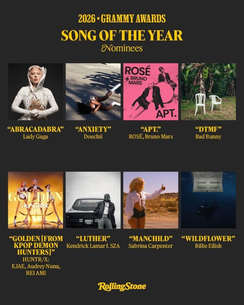 251107 ROSÉ & Bruno Mars - ‘APT.’ has been nominated for SONG OF THE YEAR, RECORD OF THE YEAR, and BEST POP DUO/GROUP PERFORMANCE at the 2026 GRAMMY AWARDS!