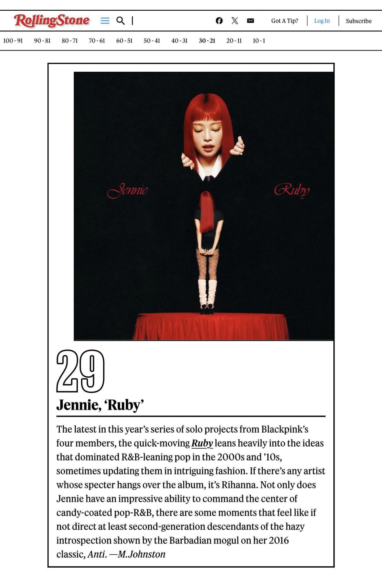 251203 JENNIE - ‘Ruby’ is ranked #29 on Rolling Stone’s The 100 Best Albums of 2025