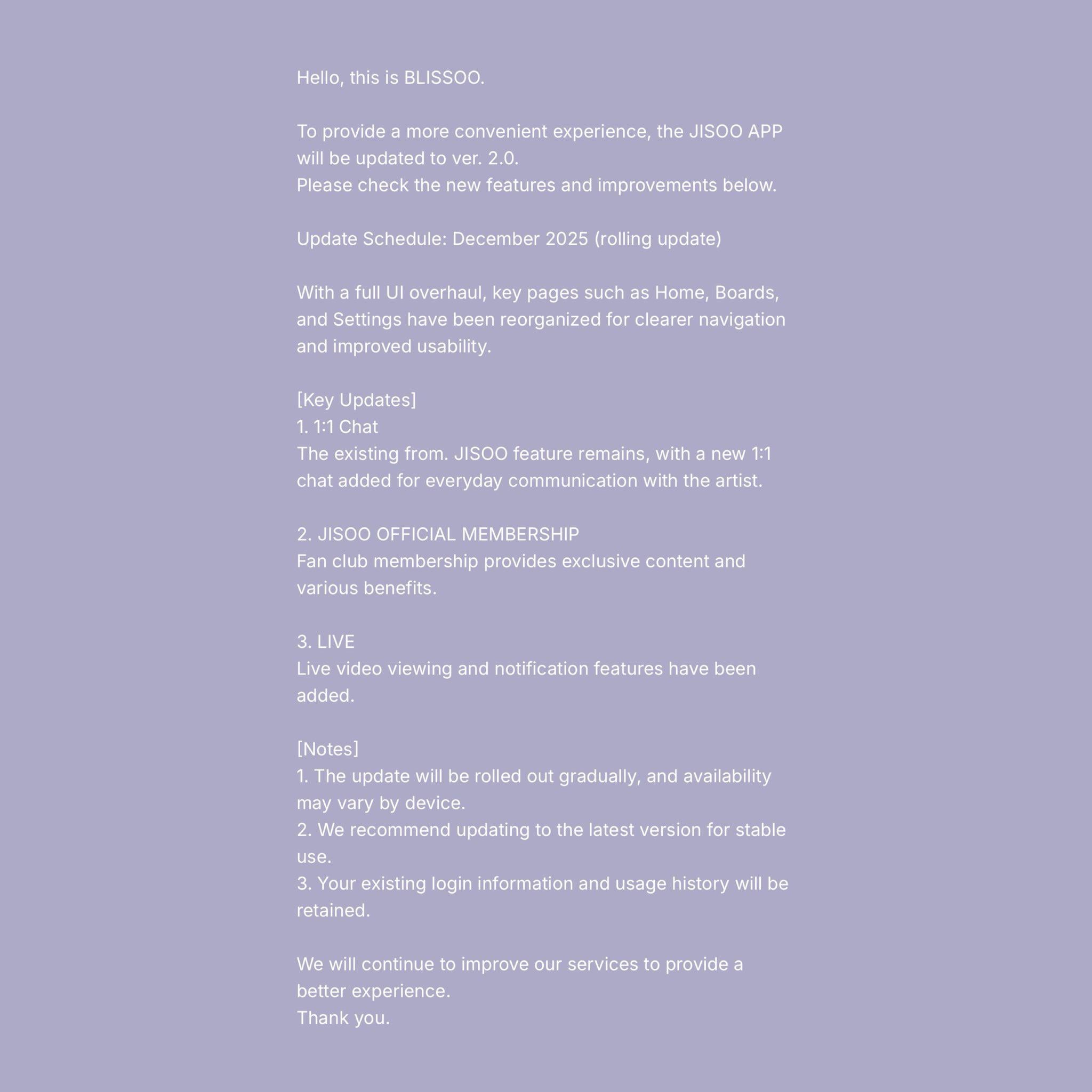 251213 JISOO APP Ver 2.0 Announcement