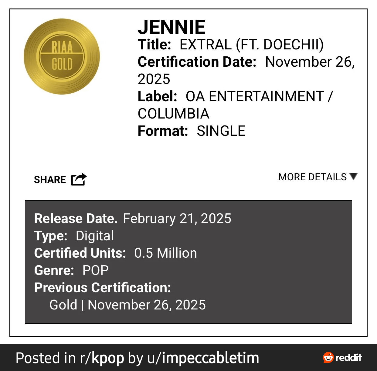 251130 JENNIE, Doechii - ExtraL is now RIAA certified Gold!