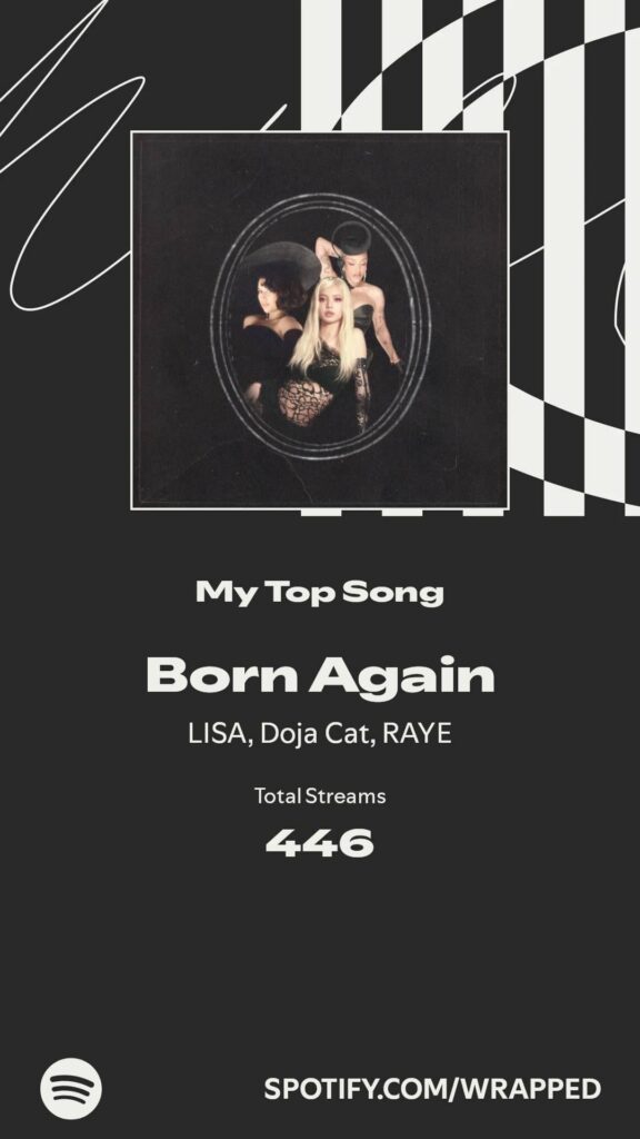 051225  I feel like nobody got ‘BORN AGAIN’ the way I did , despite not even being a K-Pop song it’s what got me into looking at what the hype was about Black Pink/K-pop. And now a black pink member is my Top Artist , with Messy by Rose at 2nd , Jennie handlebars at 3rd