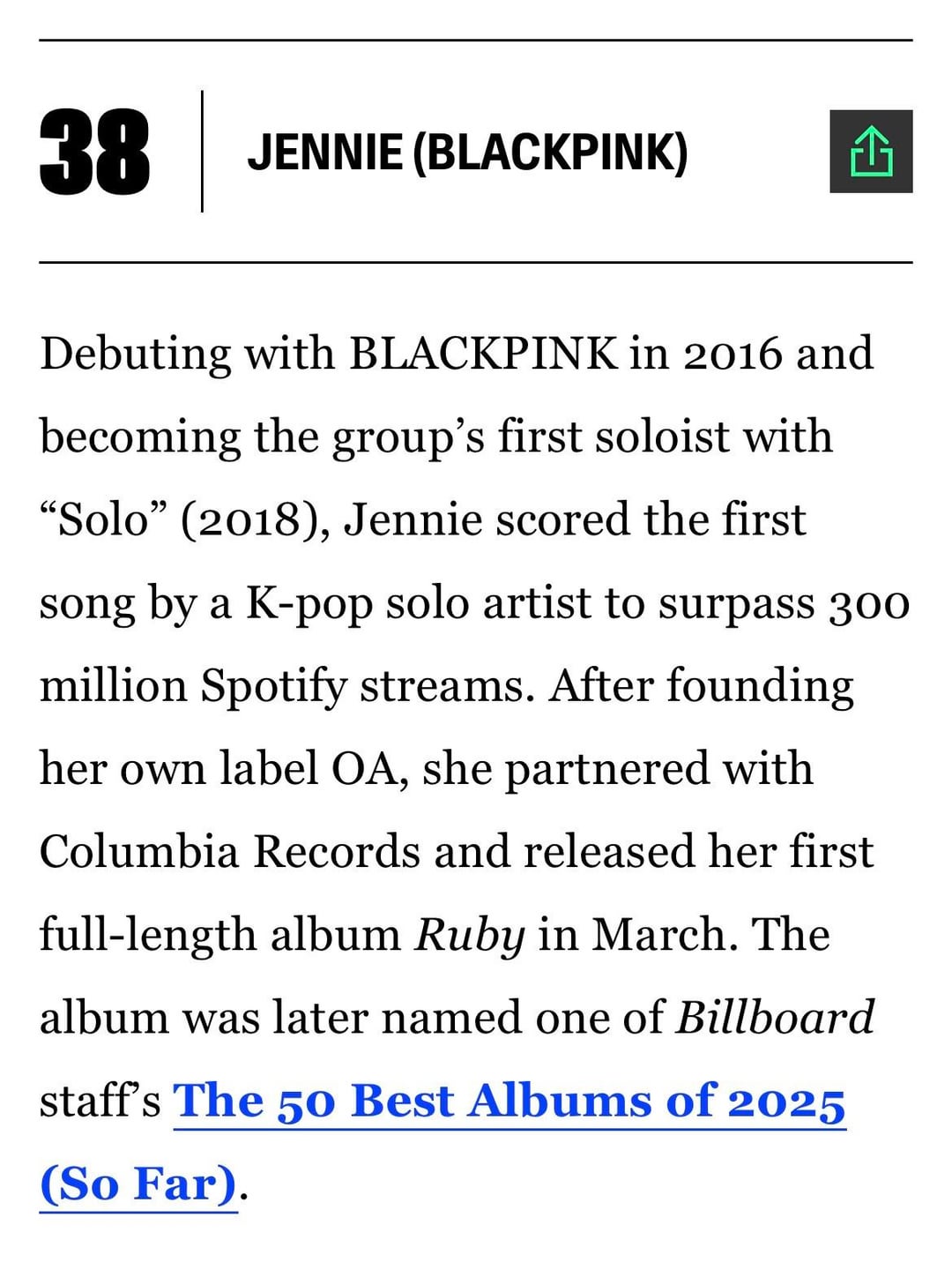251223 JENNIE, ROSÉ & LISA ranked #38, #14 & #88 in The Billboard K-Pop Artist 100!