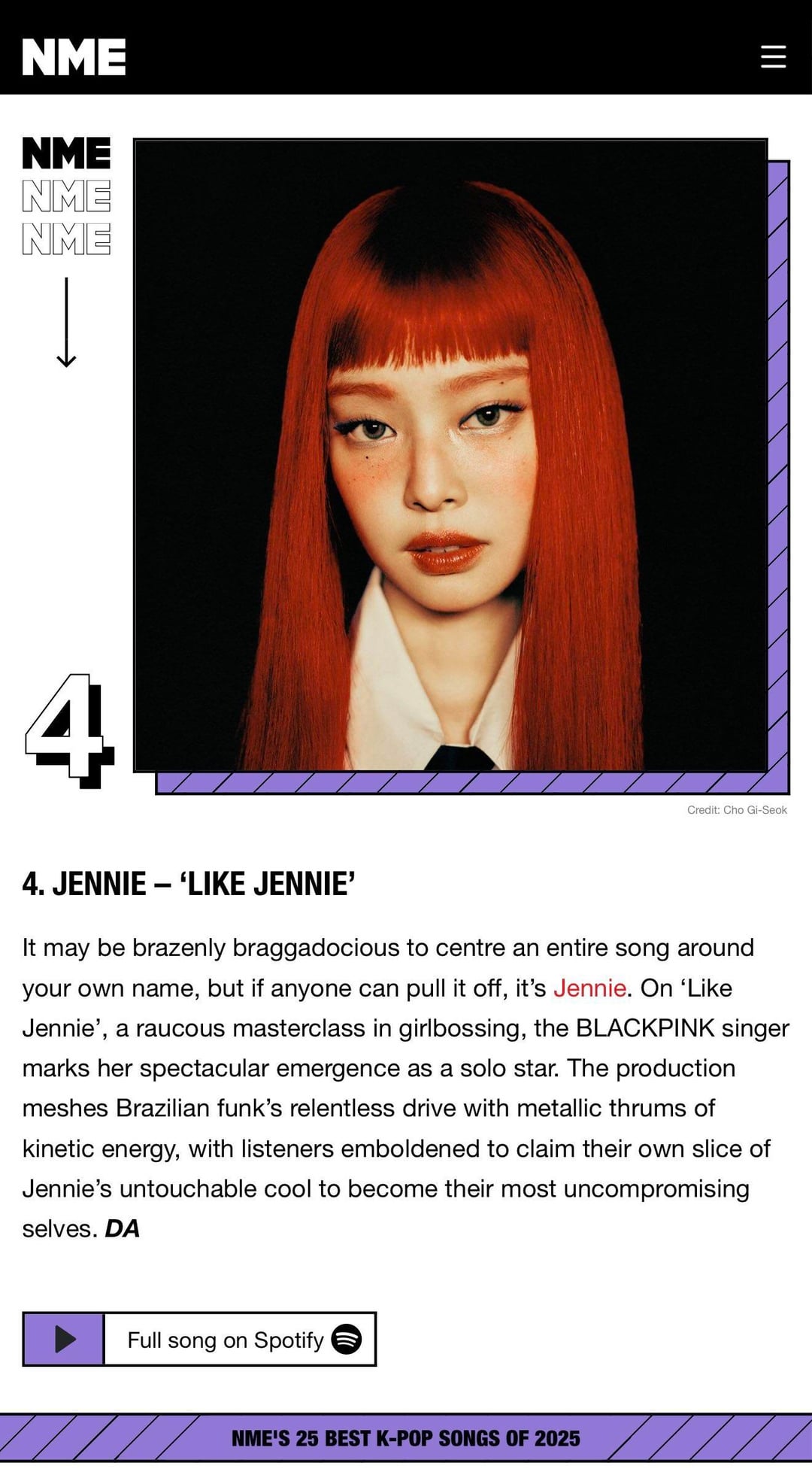 251210 JENNIE - ‘like JENNIE’ & BLACKPINK - ‘뛰어(JUMP)’ both ranked #4 & #11 on NME’s 25 Best K-Pop Songs of 2025