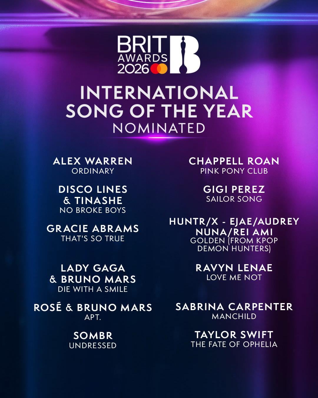 260121 ROSÉ & Bruno Mars - 'APT' has been nominated for 'International Song of The Year' at the BRIT Awards 2026
