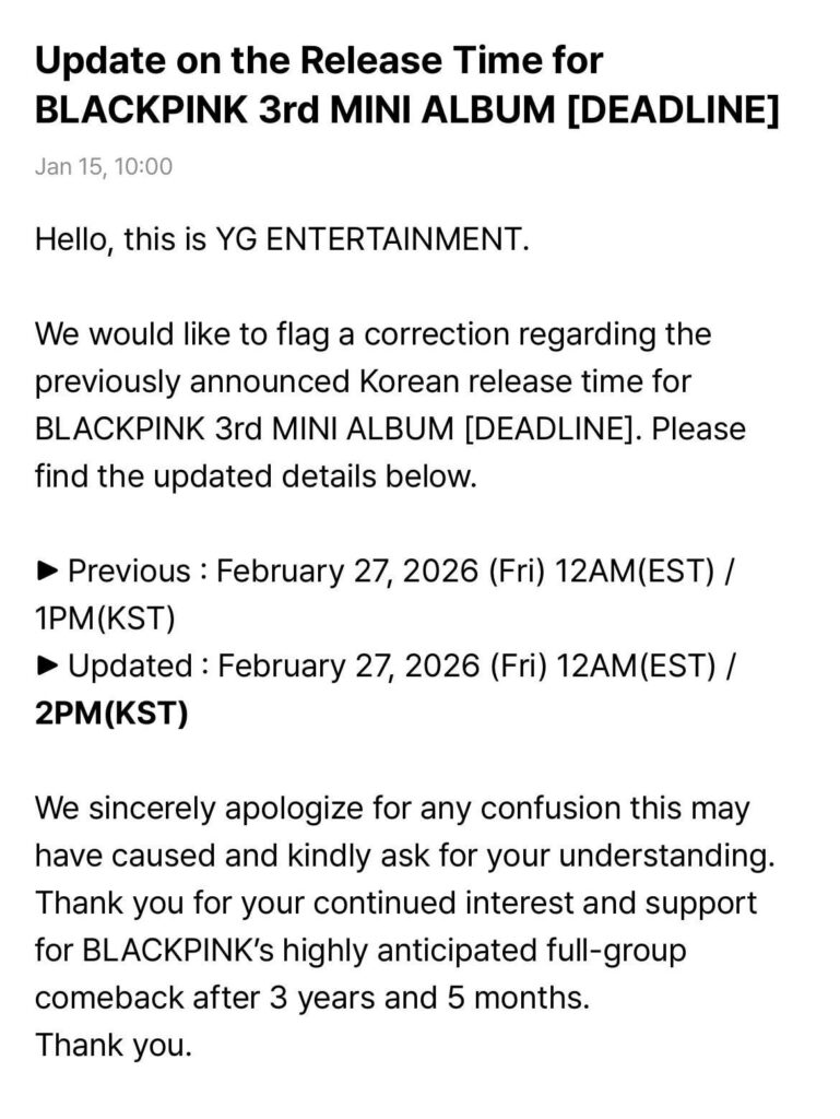 260115 Update on the Release Time for BLACKPINK 3rd MINI ALBUM [DEADLINE]