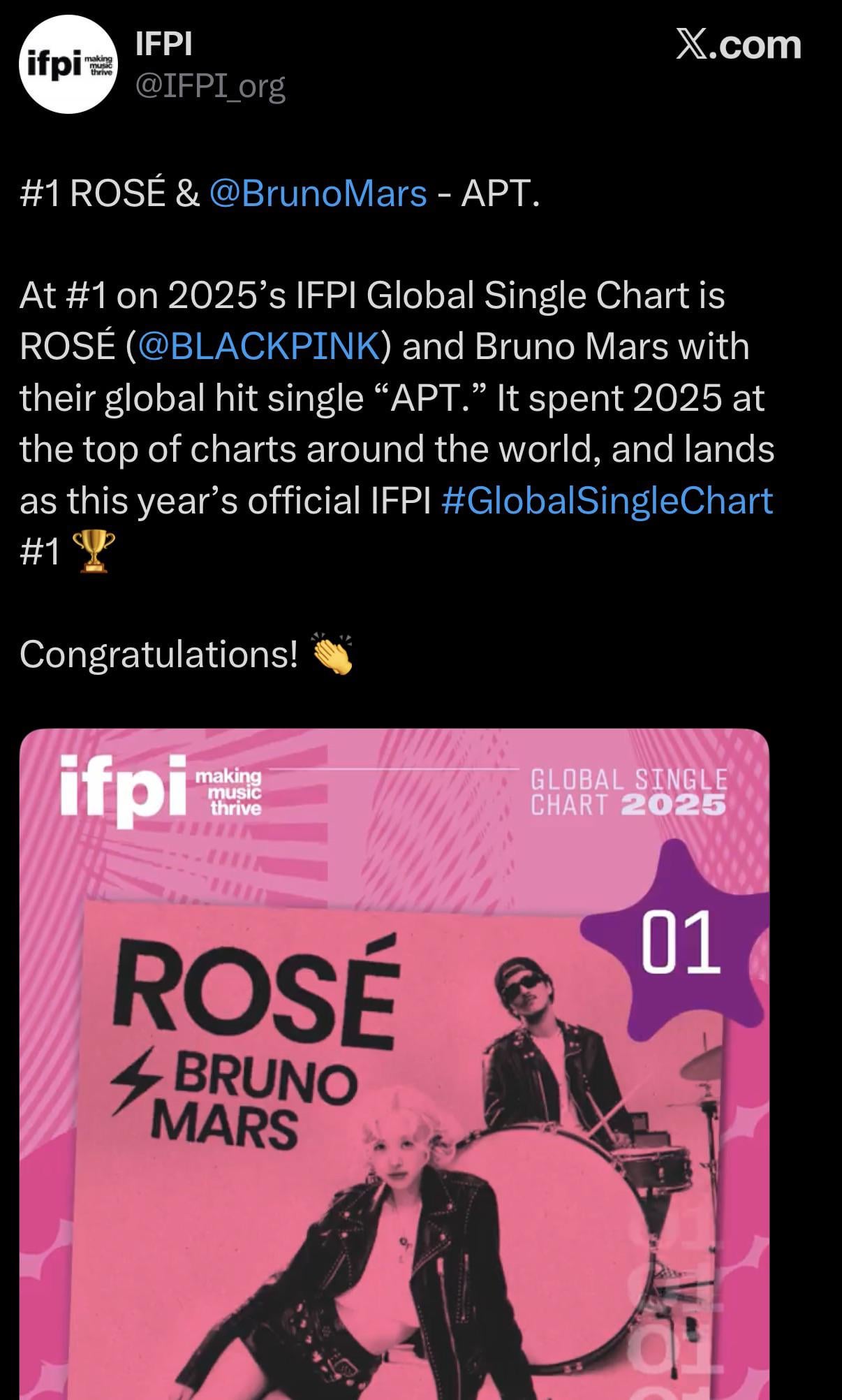 260220 ROSÉ & Bruno Mars - “APT.” was the #1 best-selling song of 2025 by IFPI