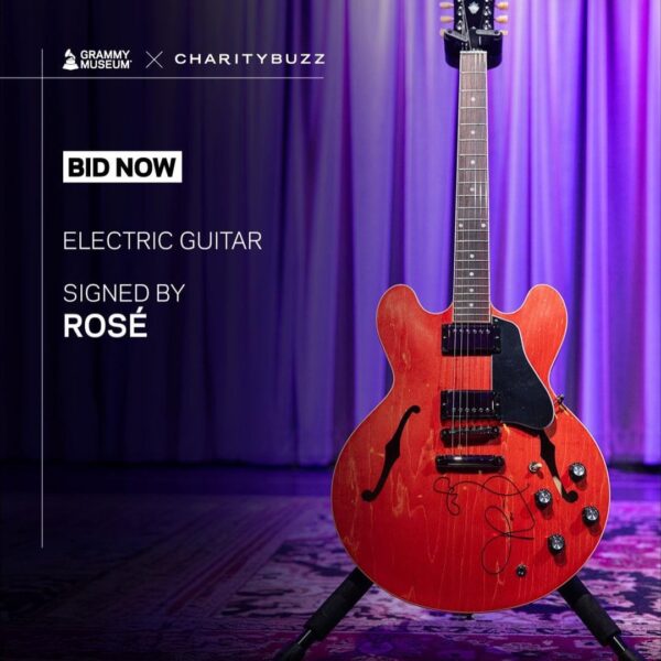 An electric guitar (Gibson ES-335) signed by ROSÉ at the 2026 Grammy Awards is now available for auction at Charity Buzz!