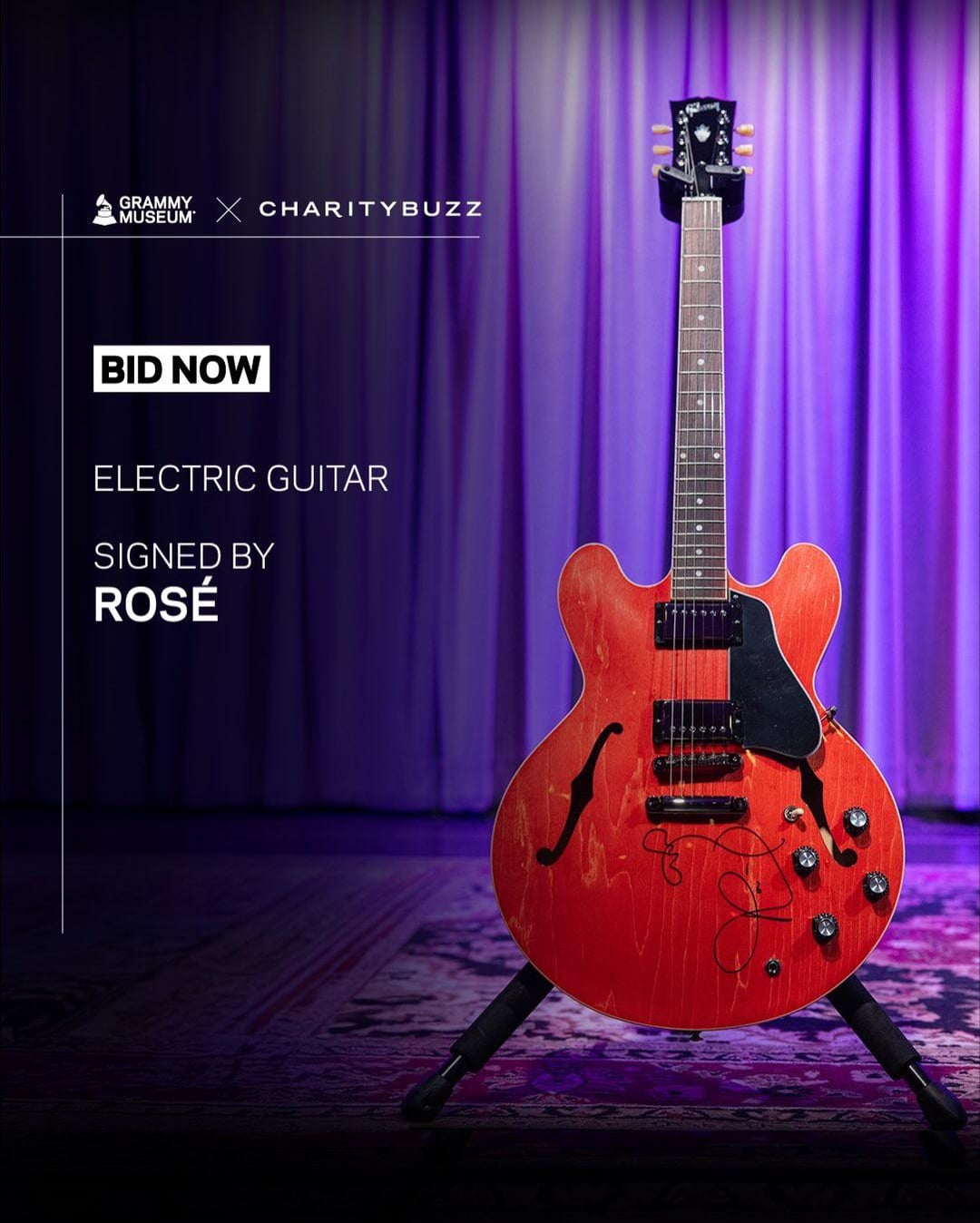 An electric guitar (Gibson ES-335) signed by ROSÉ at the 2026 Grammy Awards is now available for auction at Charity Buzz!