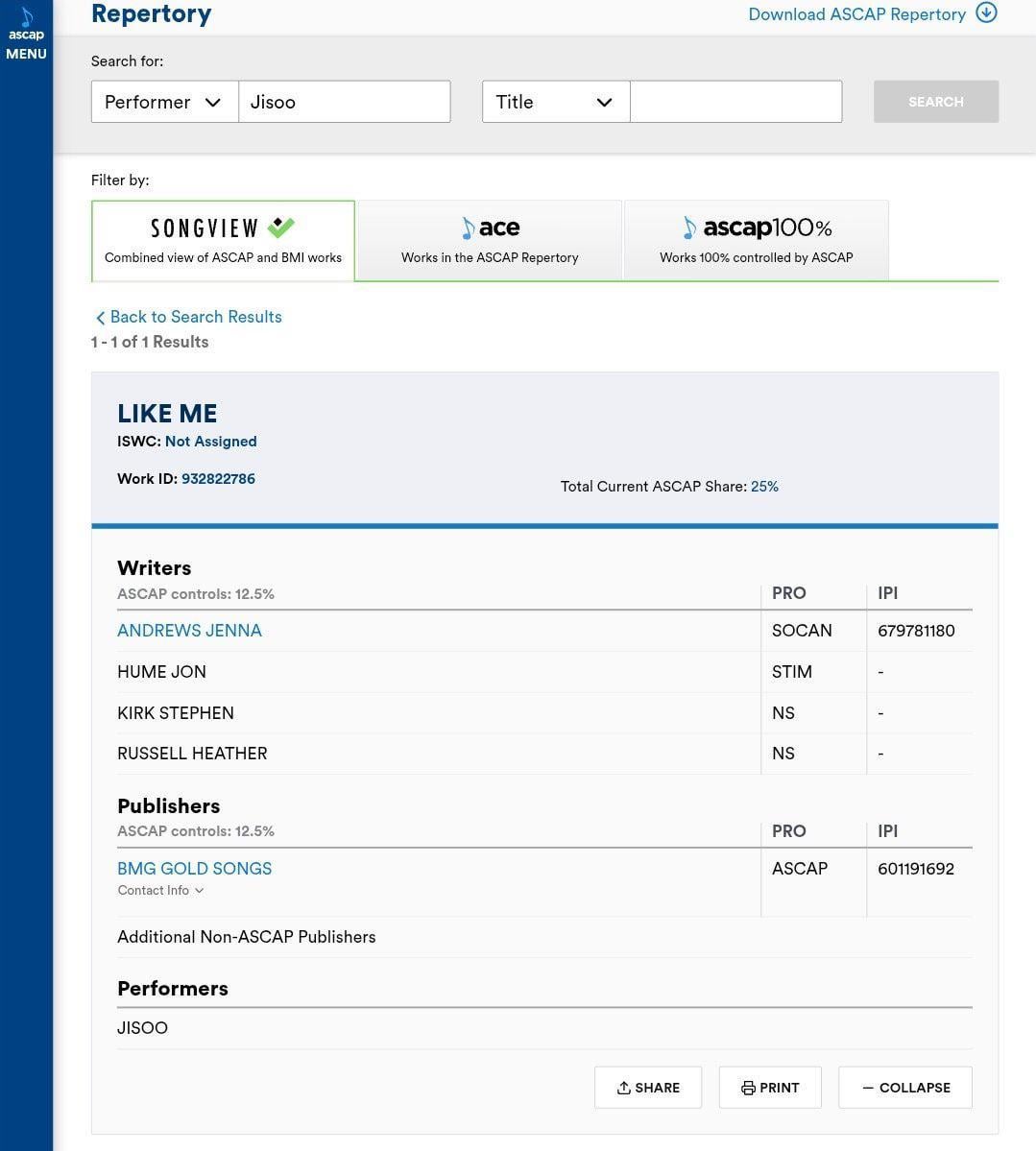 260218 JISOO - ‘LIKE ME’ has been registered on ASCAP