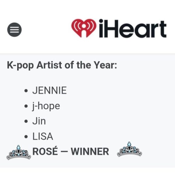 ROSÉ makes history as the FIRST K-pop Act to win ‘Best Collaboration’ and the FIRST female K-pop act to win ‘K-pop Artist of the Year’ at the 2026 iHeartRadio Music Awards!