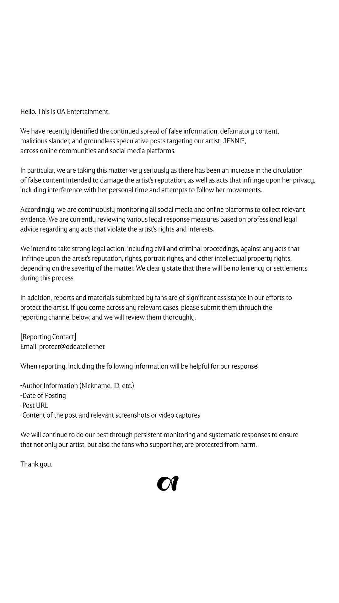 260309 Jennie (ODDATELIER) | Official Statement on Artist Protection