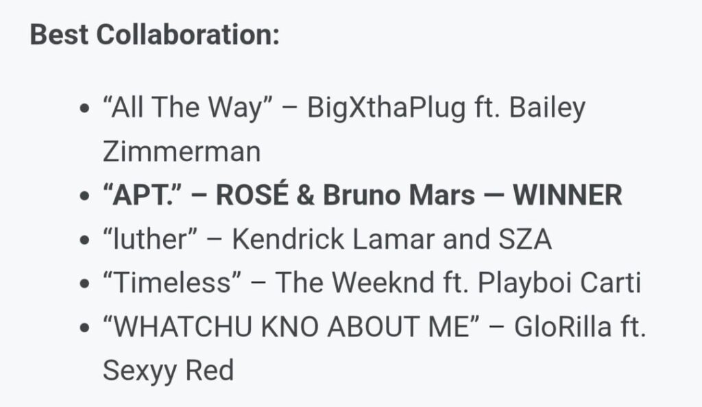 260326 ROSÉ & Bruno Mars - 'APT.' wins 'Best Collaboration', ROSÉ wins 'K-pop Artist of the Year' & JENNIE - 'Ruby' wins 'K-pop Album of the Year' @ the iHeart Radio Music Awards 2026