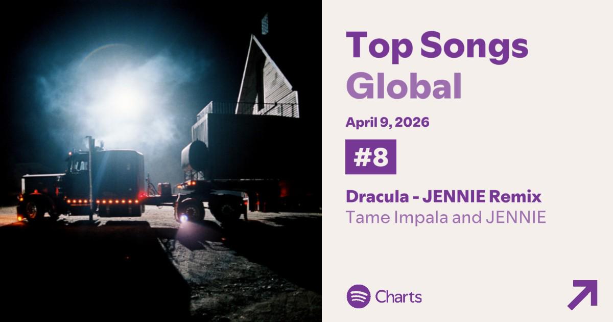 260410 Tame Impala and JENNIE - 'Dracula - JENNIE Remix' reaches a new peak at #8 on Spotify Global Daily Chart with 3,747,318 filtered streams!