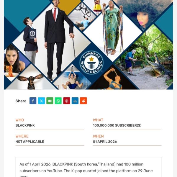 260407 BLACKPINK has set 3 new Guinness World Records for 'Most subscribers for a band on YouTube', 'Most views for a band on YouTube' & 'Most streamed female group on Spotify'!