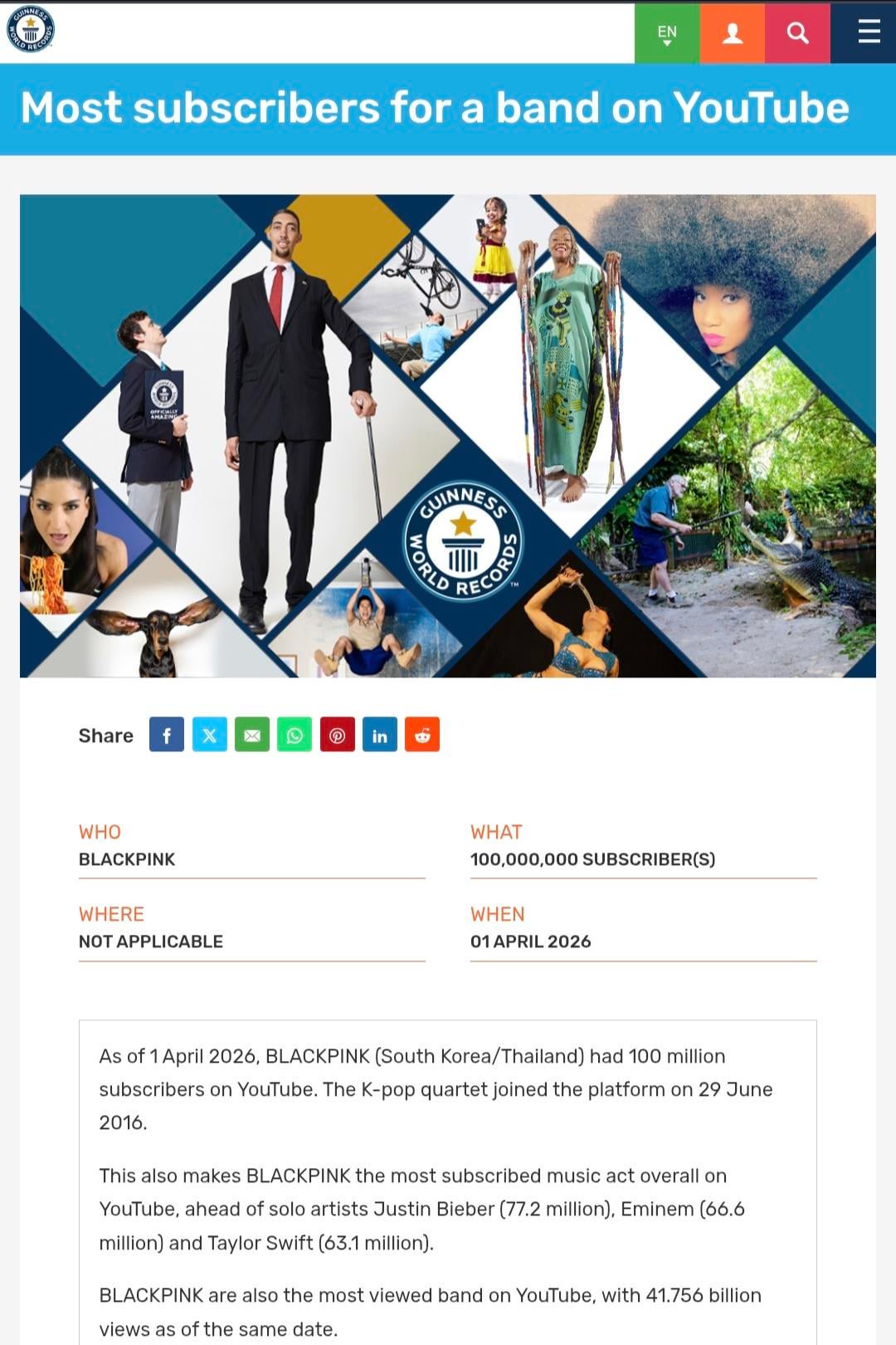 260407 BLACKPINK has set 3 new Guinness World Records for 'Most subscribers for a band on YouTube', 'Most views for a band on YouTube' & 'Most streamed female group on Spotify'!