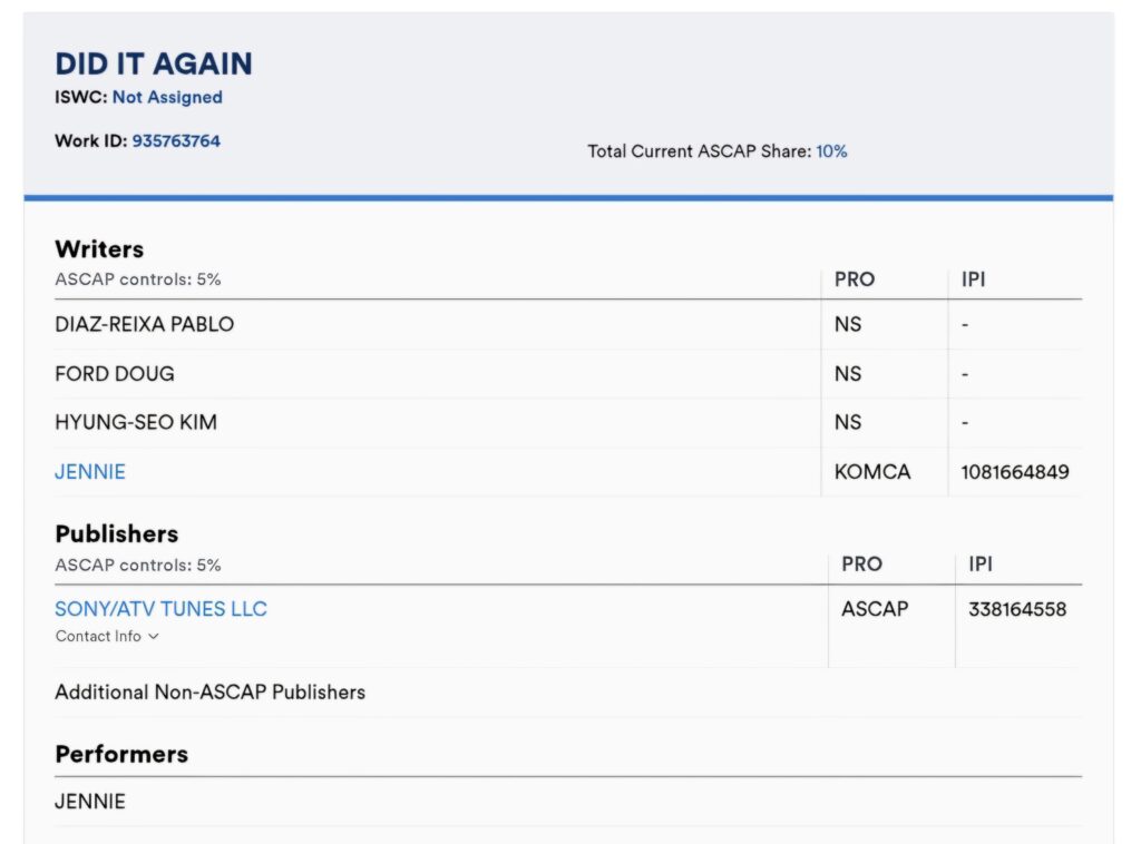 260423 JENNIE - 'DID IT AGAIN' has been registered on ASCAP
