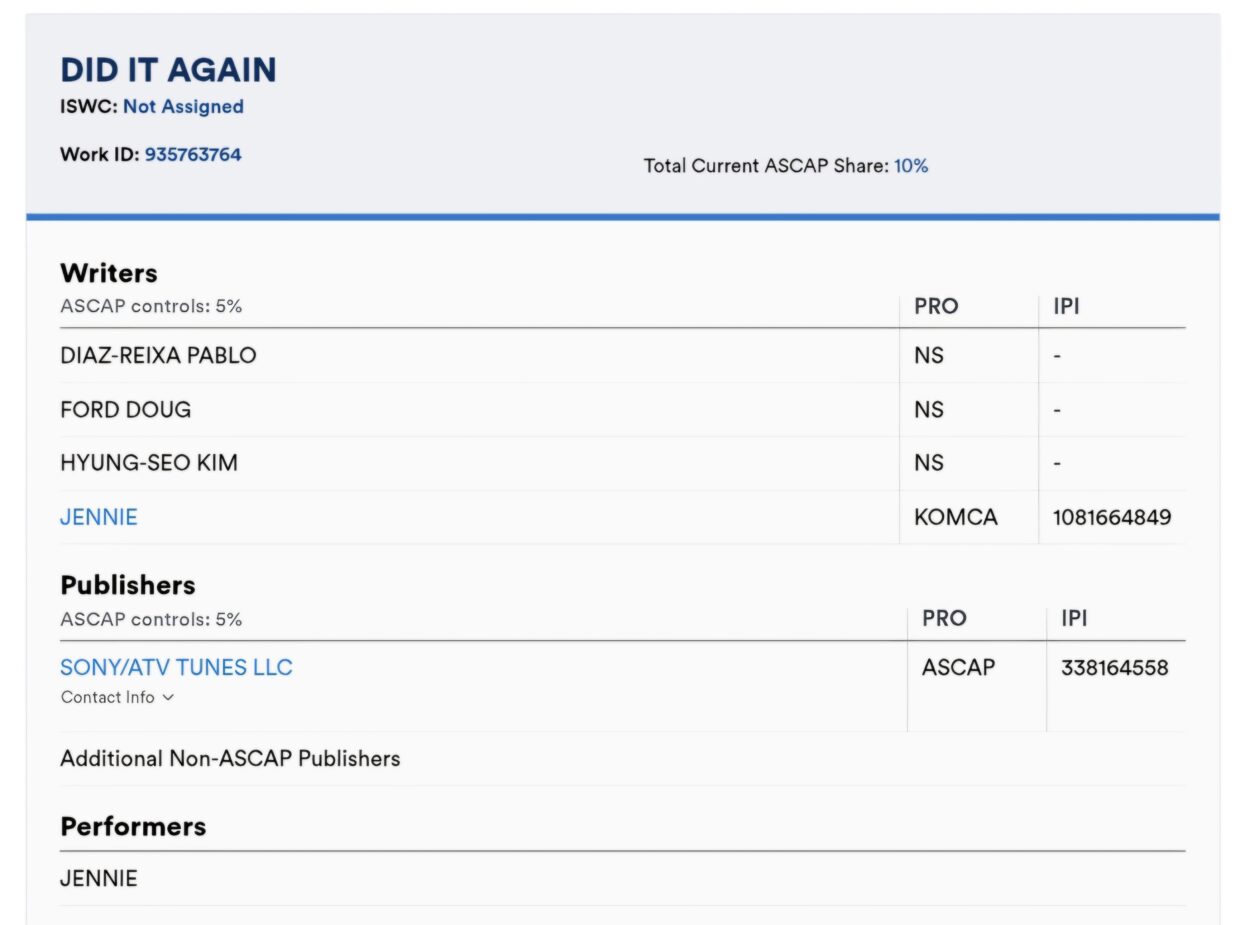 260423 JENNIE - 'DID IT AGAIN' has been registered on ASCAP