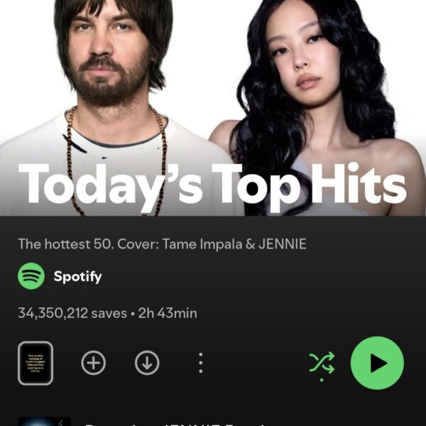 260501 Tame Impala & JENNIE are on the cover of Spotify's 'Today's Top Hits' Playlist with 'Dracula - JENNIE Remix' at #1